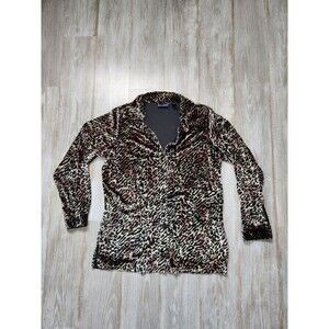 Denim & Co. Crushed Velvet Leopard Print Button Up Blouse Brown Black Lined Sz M